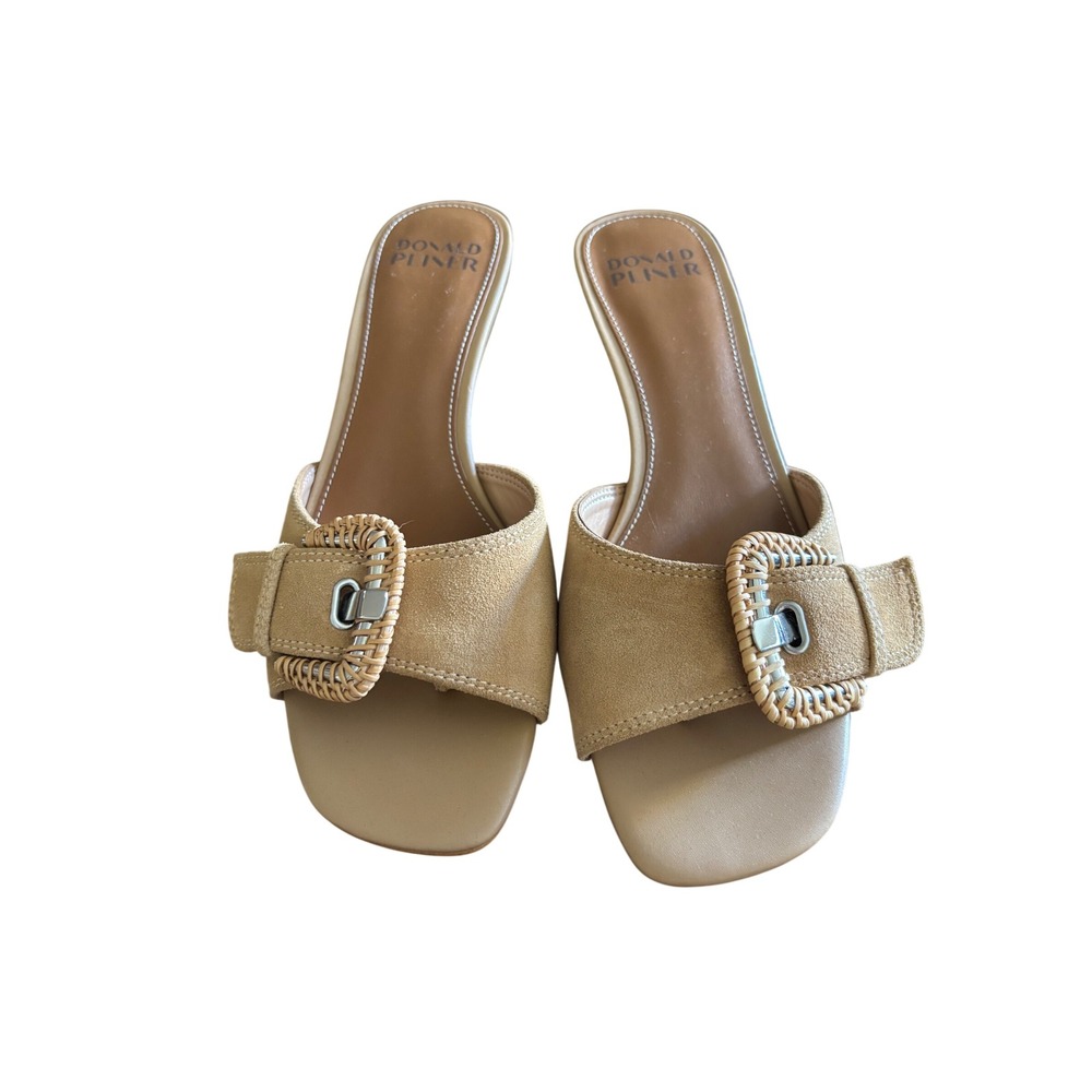 Donald Pliner Tan Suede Kitten Heel Slide Sandals Woven Buckle Mules 7.5M